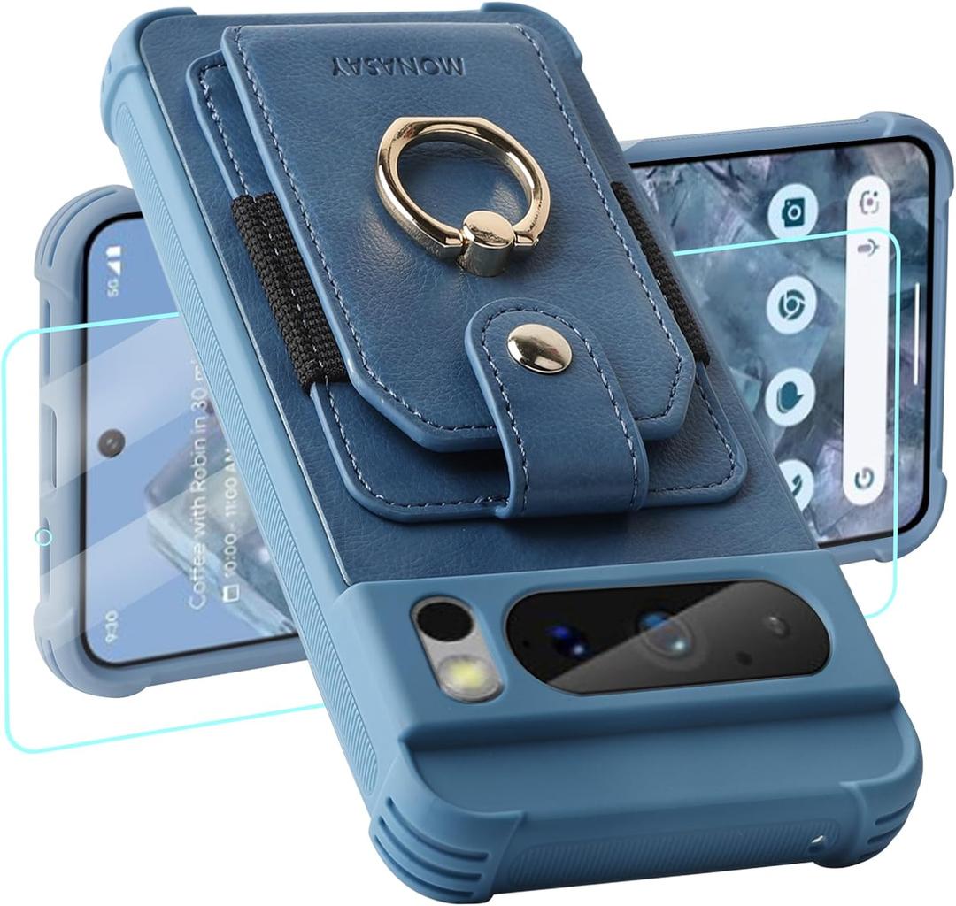 MONASAY Wallet Case Compatible for Google Pixel 8 Pro 5G with 360 Rotation Ring Stand[Screen Protector][RFID Blocking] Leather Phone Cover with Card Holder for Women and Men, 6.7 inch, Light Blue