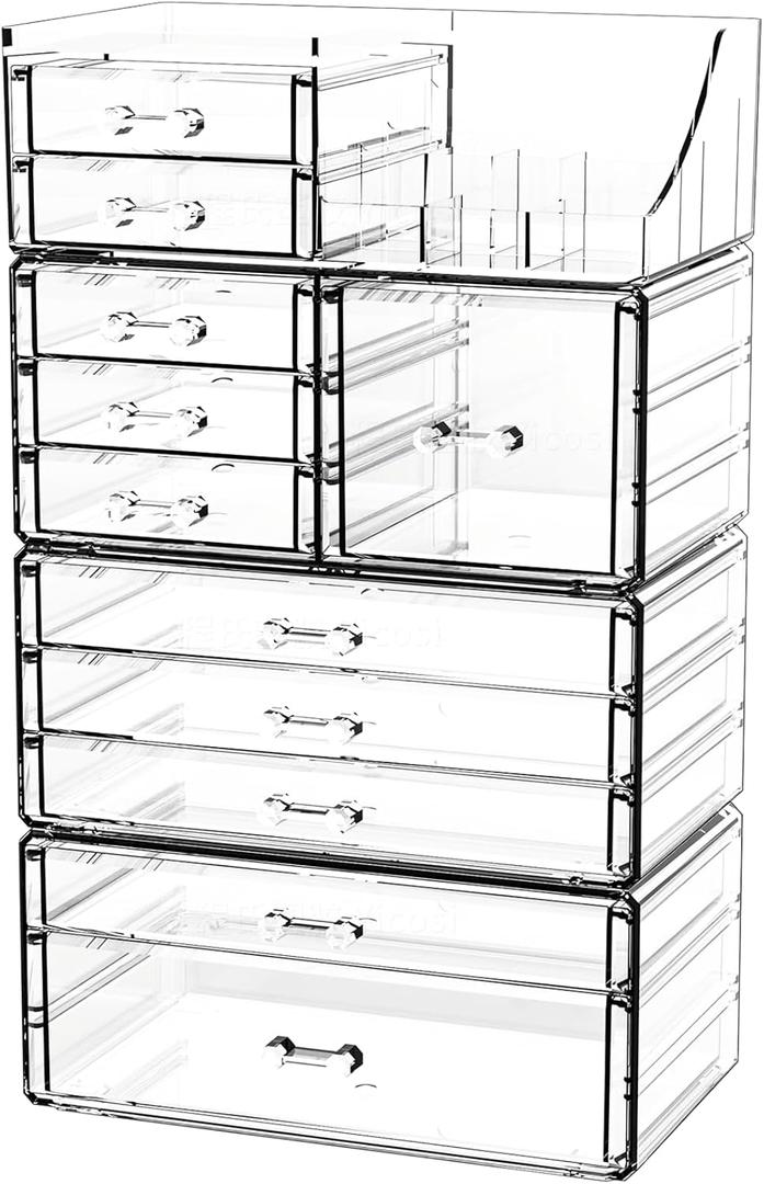 Acrylic Clear Makeup Organizer Countertop,Stackable Skincare Organizer for Vanity With 11 Drawer,Large Plastic Desk Accessories Organization,Bathroom Cosmetic Organizer Countertop for Beauty,Skin Care (11 Drawers-Set of 4)