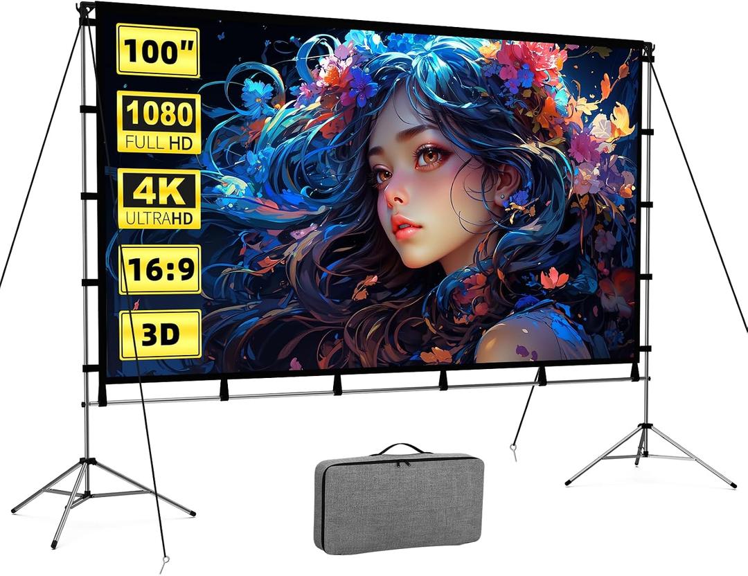 Outdoor Projector Screen with Stand 100 Inch, Vamvo Portable Projector Screen Indoor Outdoor with Carry Bag, 16:9 4K HD Movie Screen for Home Backyard Theater