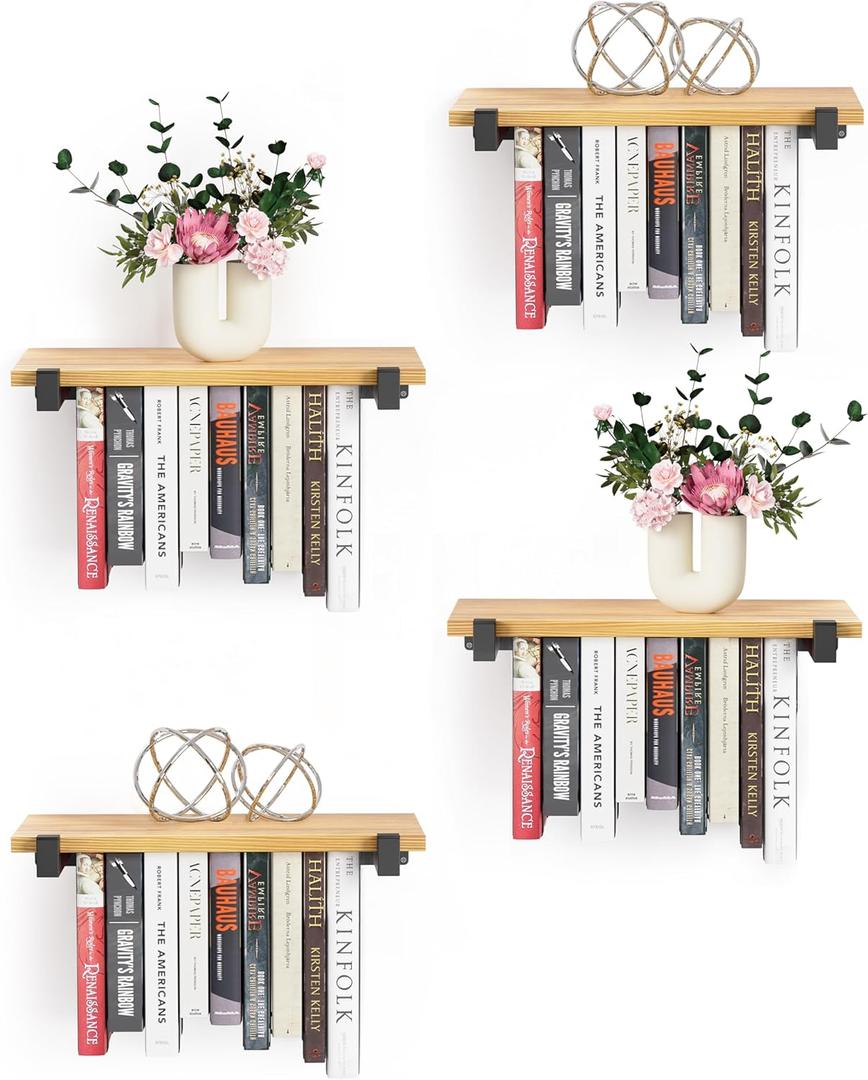 4 Set of Floating Bookshelf, Pine Wood Invisible Bookshelf, Hanging Bookshelves for Wall, Unique Space Saving Wall Bookcase (16.5L8.7W1.5H)