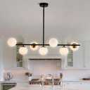 HuisMier 7 Lights Modern Sputnik Chandelier Mid Century Black and Brass Linear Pendant Light Fixture, Farmhouse White Glass Globe Chandelier for Dining Room Kitchen Living Room Bedroom Foyer