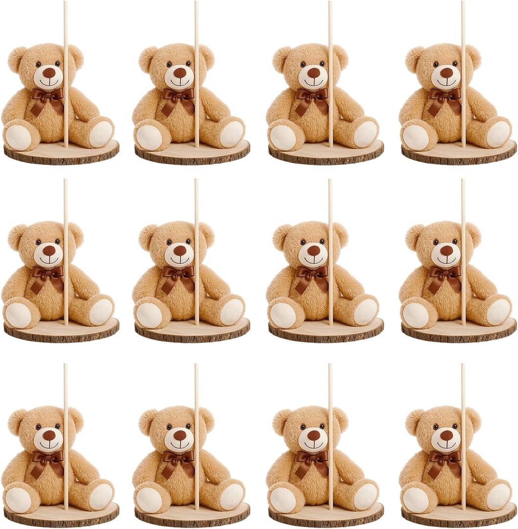 Canlierr 12 Set Bear Centerpieces for Baby Shower Decor Includes Bear Wooden 23-26in Rounds Circles Slices with Stick DIY Craft Birthday Wedding Gender Party Table Decorations, Khaki