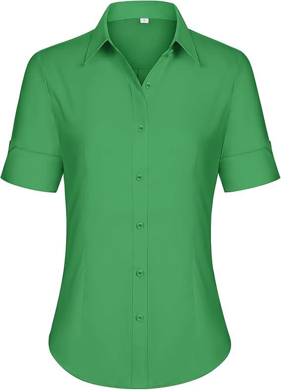 siliteelon Short Sleeve Button Dress Shirts for Women Cotton Button Down Shirts for Women Slim Fit Blouse Top 3/4 Sleeve (Medium)