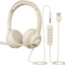 USB Headset with Microphone for PC, On-Ear Computer Laptop Headphones with Noise Cancelling Mic in-line Control for Home Office Online Class Zoom (USB+3.5mm, Apricot)