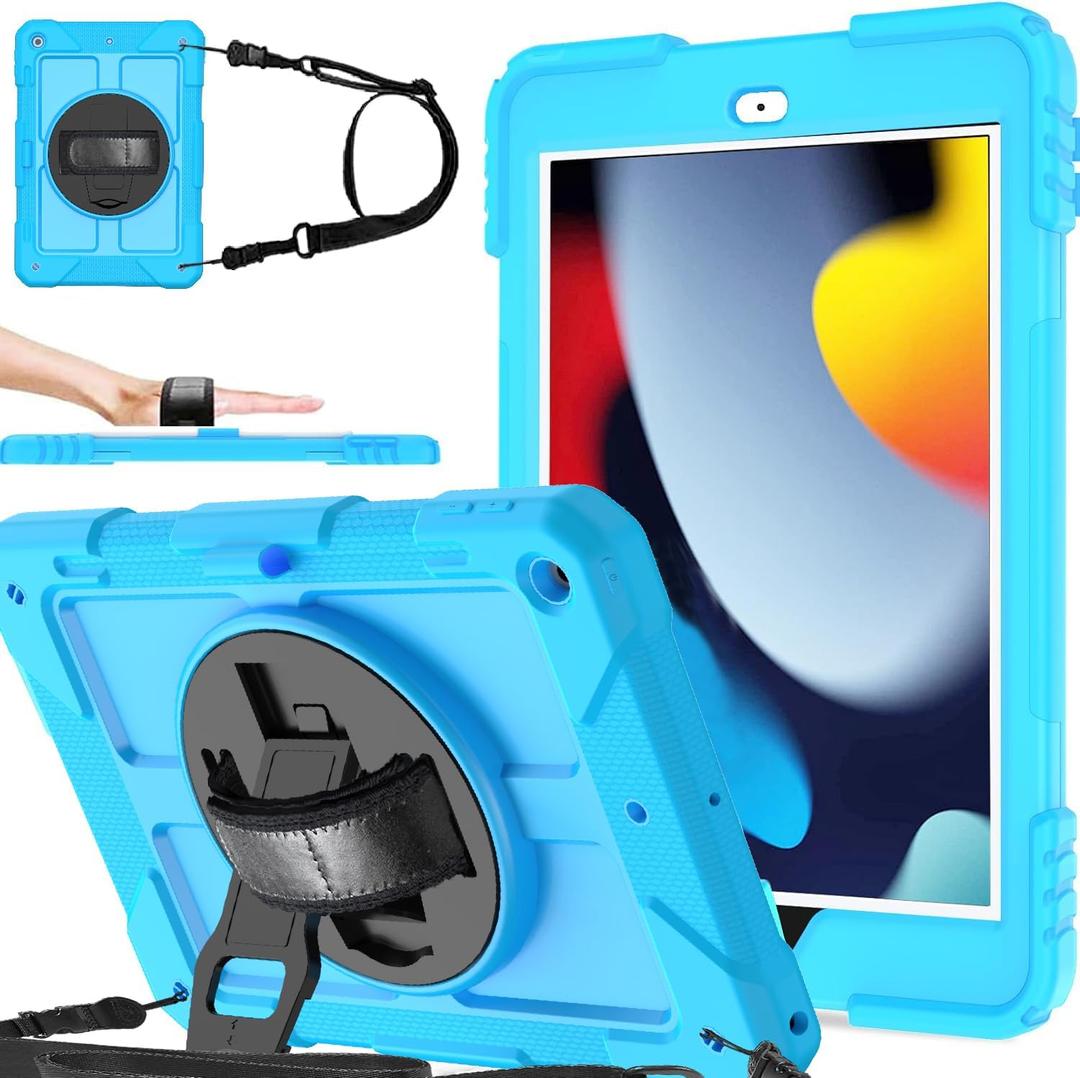 BMOUO Case for iPad 9th/8th/7th Generation 10.2", Shockproof 360 Rotating Stand Shoulder Hand Strap for iPad 9th/8th/7th Gen Case with Pencil Holder for iPad 10.2 inch 2021/2020/2019 - Blue Black