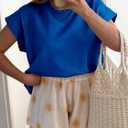 Tankaneo Womens Oversized Short Cap Sleeve T-Shirts Crew Neck Side Slit Tops Summer Casual Loose Fit Tees Tunic Shirts (Blue, L)