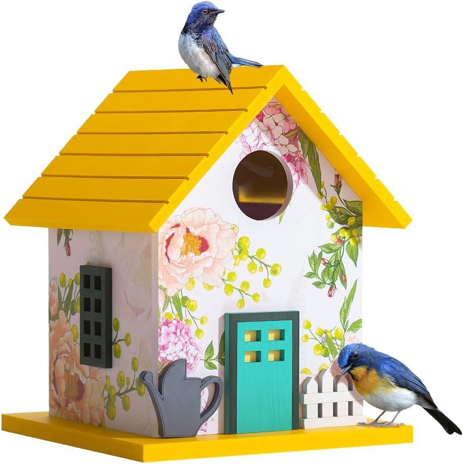 Spring Melody Bluebird House, Composite Material Nesting Box, Hanging Birdhouse for Blue Bird, Squirrel Proof Birdhouse for Outside, 10 Years Water Proof Weatherable, Pole Mountable (Yellow)