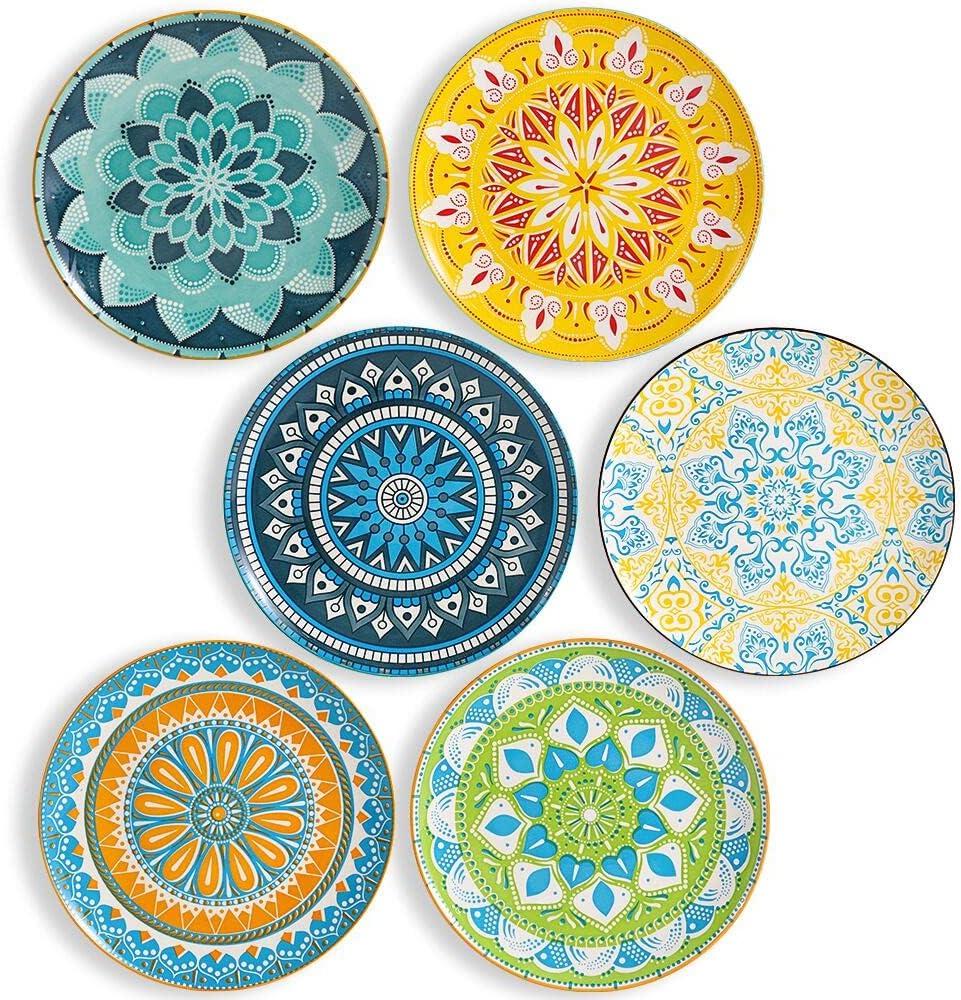 AHX Dinner Plates Ceramic Plate Set - 10 Inch Large Porcelain Round Plate Sets of 6 - Flat Colorful Pattern Dining Plates for Kitchen | Family - Dishwasher | Microwave | Oven Safe