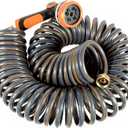 Garden Hose 50 ft Flexible Water Hose Coiled Water Pip Lightweight and No Kink for Coil Hose with 3/4'' Brass Connector 10 Pattern Nozzle (Grey+Orange)