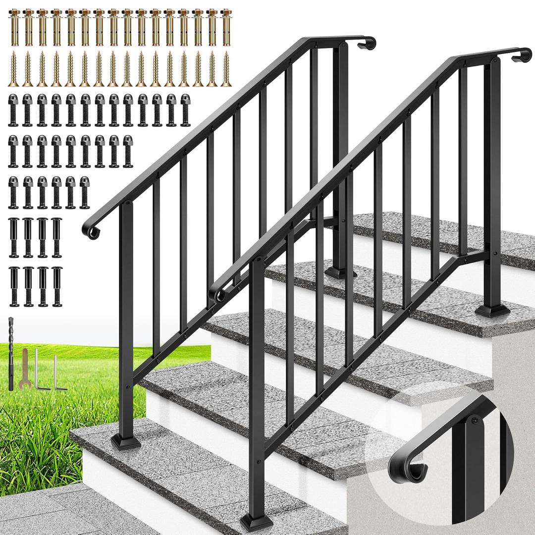 VIVOHOME 2-Pack 4 Step Wrought Iron Hand Rails for Outdoor Steps – Curved Ends and Safety Balusters Exterior Railing for Porch, Deck, or Indoor Stairs, Complete Installation Kit