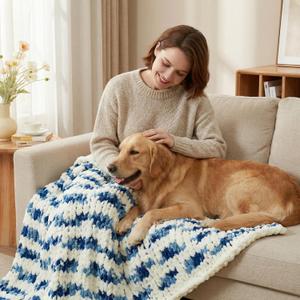 Amlie Home Chunky Knit Throw Blanket for Couch, Soft Chenille Handmade Crochet Throw Rope Knot Blanket for Couch, 50"x60", Space-Dyed Blue Striped