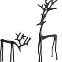 Set Of 2 Iron Reindeer Christmas Decoration Decor Black Gold Deer Metal Figurine Table Top Indoor Bronze Sculpted Mini Brass Statue Deer Tabletop Statue Skinny Small Decorative Mantle Stand (Black)
