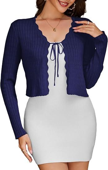 CARDYDONY Women's Cropped Cardigan Tie Front Long Sleeve Rib Knit Bolero Shrug Sweaters, Navy Blue Medium