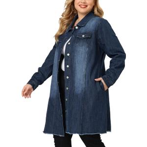 Agnes Orinda Women's Plus Size Denim Jacket Casual Long Distressed Button Up Pockets Jean Jackets (3X, Dark Blue)