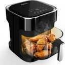 Glass Air Fryer 4.5 Qt, Non-Toxic Borosilicate Glass Basket with 360° View, Upgraded Food-Grade Stainless Steel Tray, 8-in-1 One-Touch Presets, Teflon-Free & Dishwasher Safe, Black, Medium