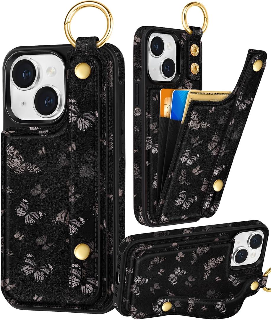 Petitian for iPhone 15 Plus Case with Wallet - Women Girls Cute Girly Aesthetic Unique Design with Leather Credit Card Holder Cardholder Stand Wristband for Apple 15 Plus, Black Butterfly