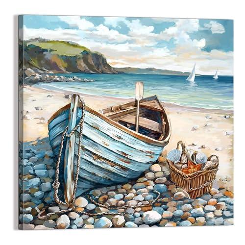 Bathroom Decor Beach Wall Art Ocean Theme Blue Picture Canvas Print Modern Coastal Artwork Framed Hanging Dining Office Living Room