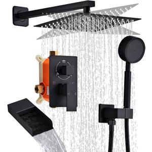 Matte Black Shower System With Tub Spout Faucet Set, Wall Mounted 10 Inch Shower Heads with Handheld Spray Combo and Tub Shower Faucet, Luxury Bathroom Square Rain Shower System - 4 Hooks Matte Black Shower System With Tub Spout Faucet Set, Wall Mounted 10 Inch Shower Heads with Handheld Spray Combo and Tub Shower Faucet, Luxury Bathroom Square Rain Shower System - 4 Hooks