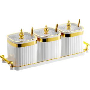 3 Pack Gold Condiment Spice Jars with Lids, Spoons, Tray - Plastic Seasoning Box Set for Salt, Pepper, Sugar - Kitchen Storage