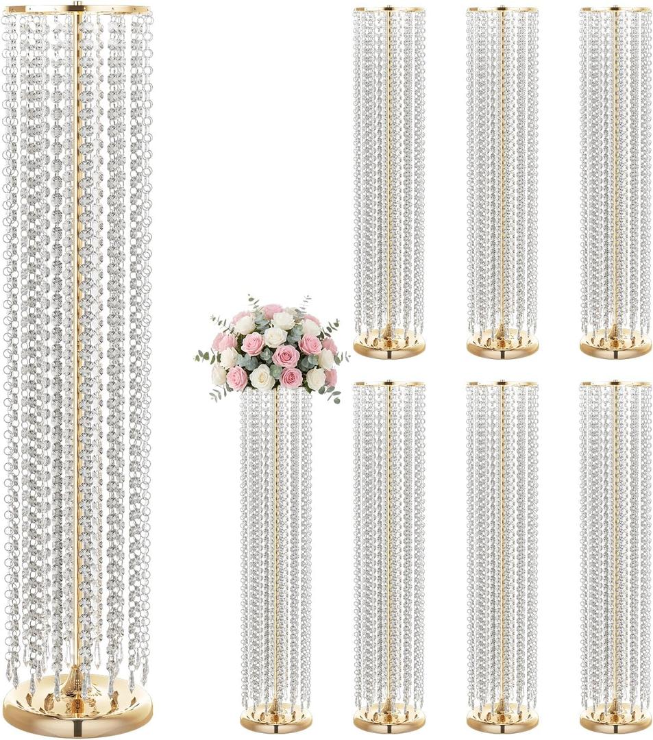 8Pcs 35.4'' Tall Gold Centerpieces for Table, Tall Gold Vases Centerpieces for Wedding Reception, Wedding Road Lead Chandelier Metal Crystal Flower Stand Floor Vase for Party