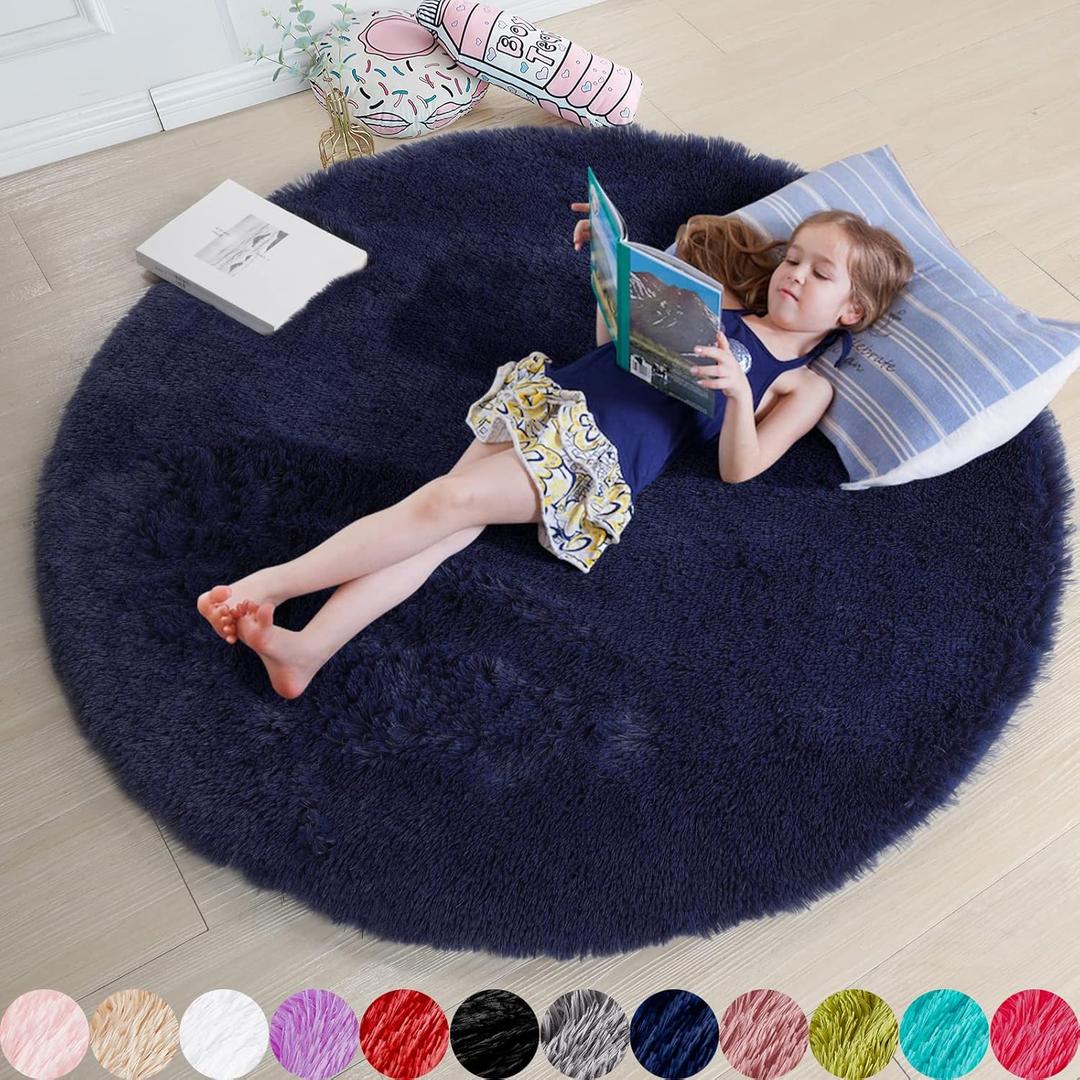 Amdrebio Dark Navy Round Rug 4Ft for Boys Room Bedroom, Fluffy Shag Fuzzy Plush Circle Area Rugs for Kids, Teens, Living Room Decor Aesthetic, Indigo Furry Cool Dark Blue Carpet for Dorm Baby Nursery