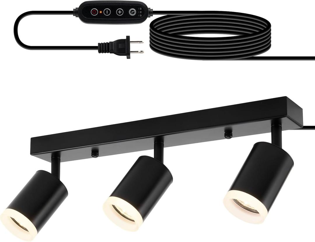 Bojim Plug in Ceiling Track Lighting with 14.3ft Power Cord for Kitchen, Dimmable LED Spotlight Wall Mounted for Sala, Black 3 Lights Fixture Removable Cup for Bedroom Farmhouse Studio, GU10 No Bulb