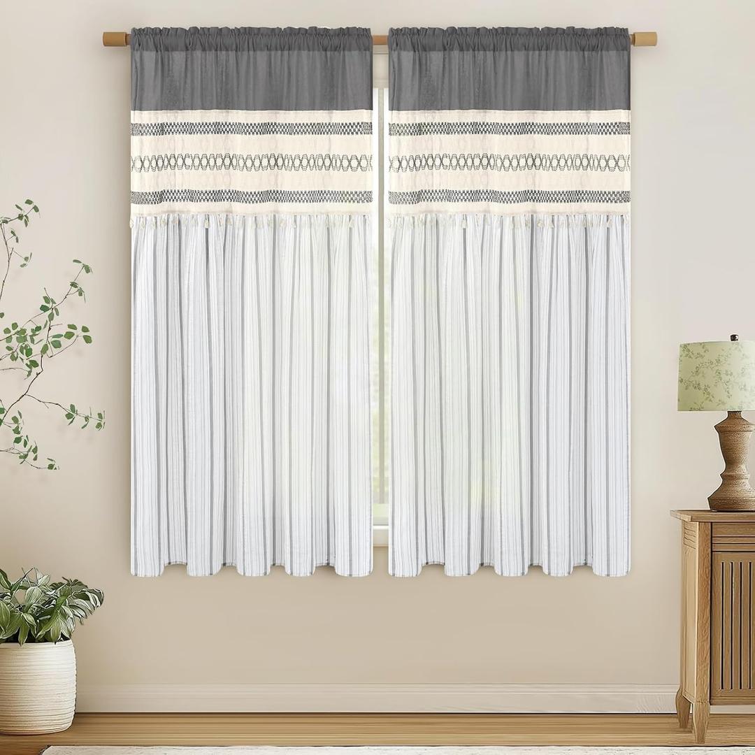 FRAMICS Linen Curtains for Living Room Grey Striped Window Curtain Farmhouse Curtains for Bedroom Boho Crochet Drapes 63 Inch Length 2 Panels Set Light Filtering Drapes Rod Pocket Window Treatment