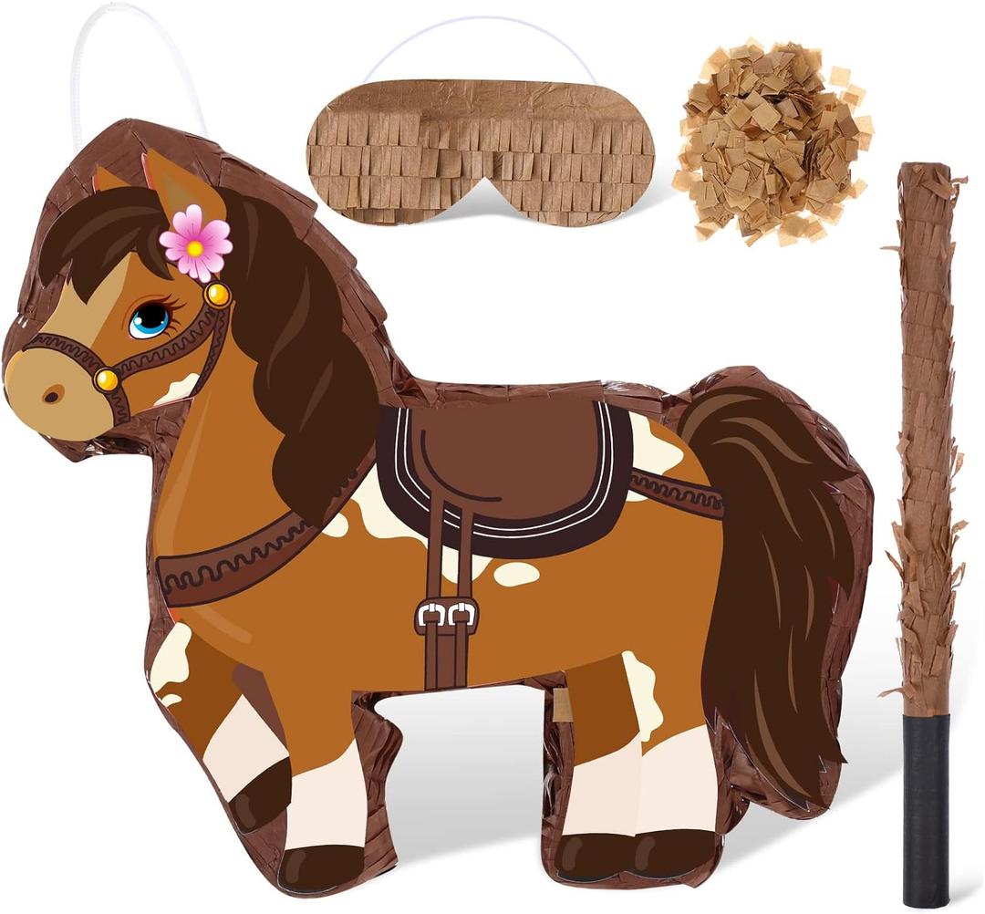 Horse Piñata Cowgirl Pinatas Brown Horse Piñata for Birthday Girl with Bat Stick Blindfold Mask for Horse Birthday Cowgirl Party Carnival Piñata Game Decor Supplies, 15 x 13.4 x 3.2 Inch