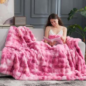 Cozy Bliss Faux Fur Throw Blanket for Couch, Fuzzy Soft Plush Thick Bubble Blanket for Sofa Bedroom Living Room, 60 * 80 Inches Tie Dye Pink