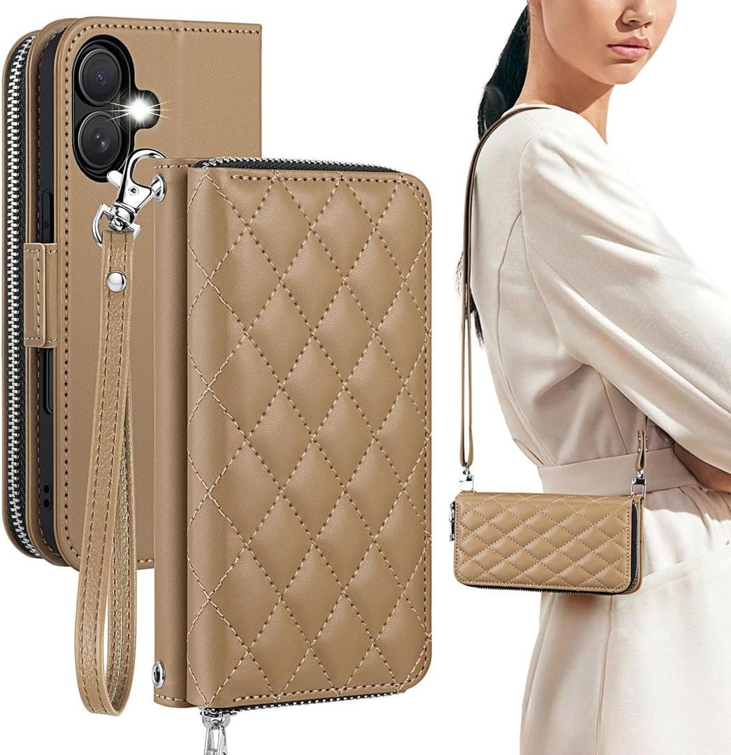 OCASE for iPhone 17 Crossbody Wallet Case - Stylish PU Leather Handbag Phone Purse with Zipper Closure, Card Slots & RFID Blocking - Wrist Strap, Lanyard, Kickstand - Diamond Check Khaki
