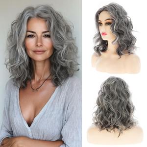 Baruisi Curly Wavy Grey Wigs for Women Medium Long Synthetic Modern Cosplay Hair Wig