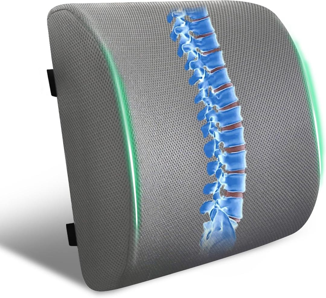 Lumbar Support Pillow for Office Chair and Car,Back Support for Office Chair,Charcoal Memory Foam Back Cushion with Breathable Mesh Cover,Double Adjustable Straps,Grey