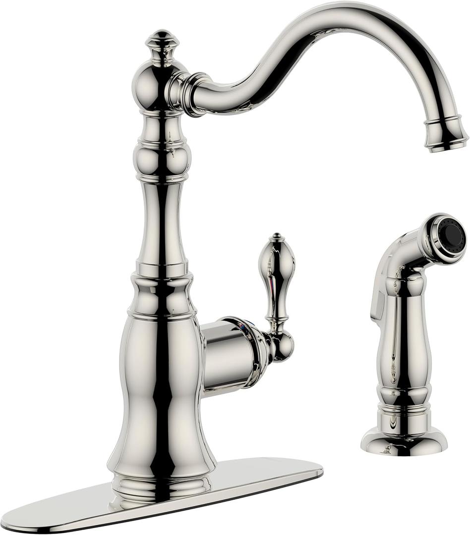 Kitchen Sink Faucet with Side Spray, 8 Inch Single Handle Kitchen Faucet with Deck Plate, 2 Hole or 4 Hole Installation,Classic Style,Polished Nickel Faucet,KF-6832TB-PN