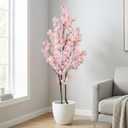 Artificial Pink Cherry Blossom Tree 7ft(84in) Faux Floor Green Plant for Indoor Decor Natural Potted Tree Realistic Cherry Flowers Wood Trunk for Home Living Room,Office Perfect Housewarming Gift