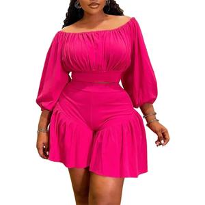 Women's Plus Size 2 Piece Outfits Off Shoulder Long Lantern Sleeve Crop Top and Ruffle Shorts Set (3X-Large, Hot Pink)