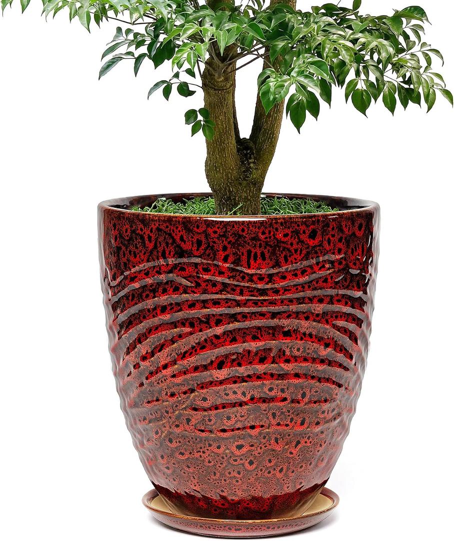 11.8 Inch Modern Ceramic Plant Pot with Saucer, Flower Pot with Drainage Hole Mesh Net,Indoor Outdoor Planter (Speckle Red)