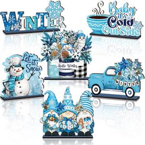 Wenqik 6 Pcs Winter Wooden Table Decorations Blue Wood Tabletop Sign Centerpiece Rustic Winter Snowflake Snowman Gnomes Decorations for Office Desk Farmhouse Home Kitchen Shelves Decorative