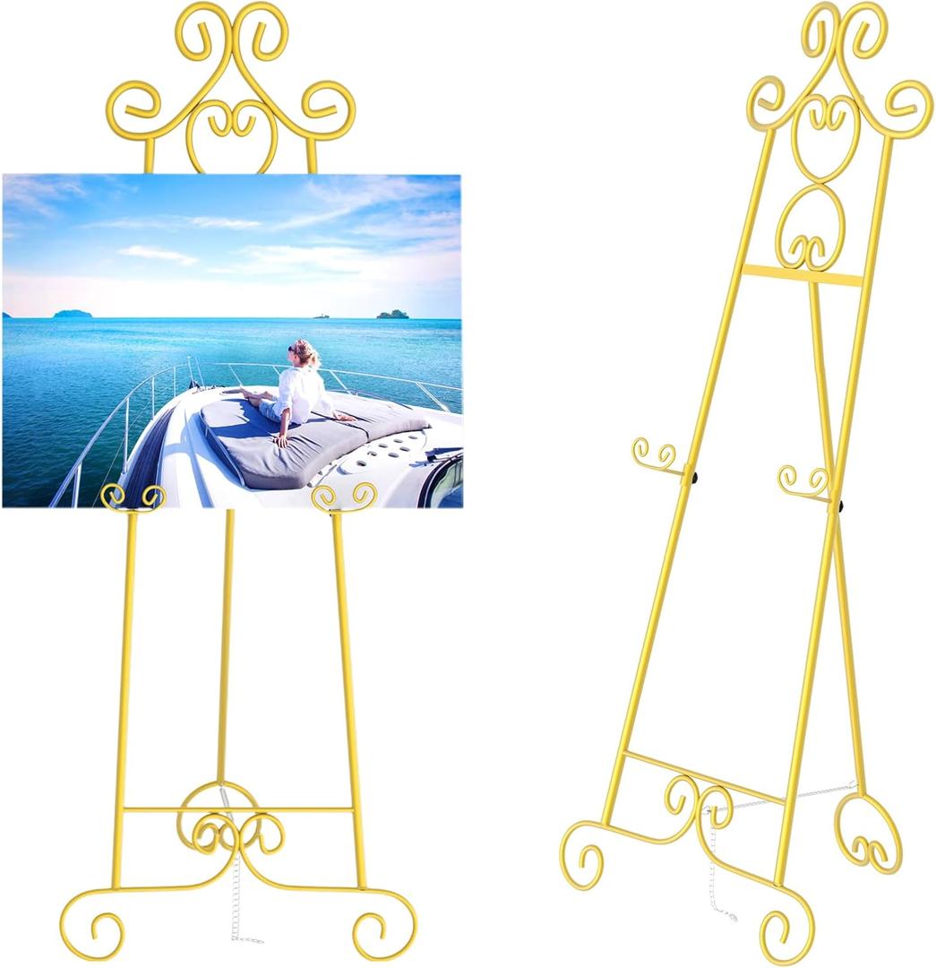 Gold Easel Stand for Sign, Vintage Decorative Adjustable Floor Metal Display Easel with Chain Support for Wedding Signs, Art, Posters, Pictures, Welcome Signs, Suitable for Home, Parties, Galleries