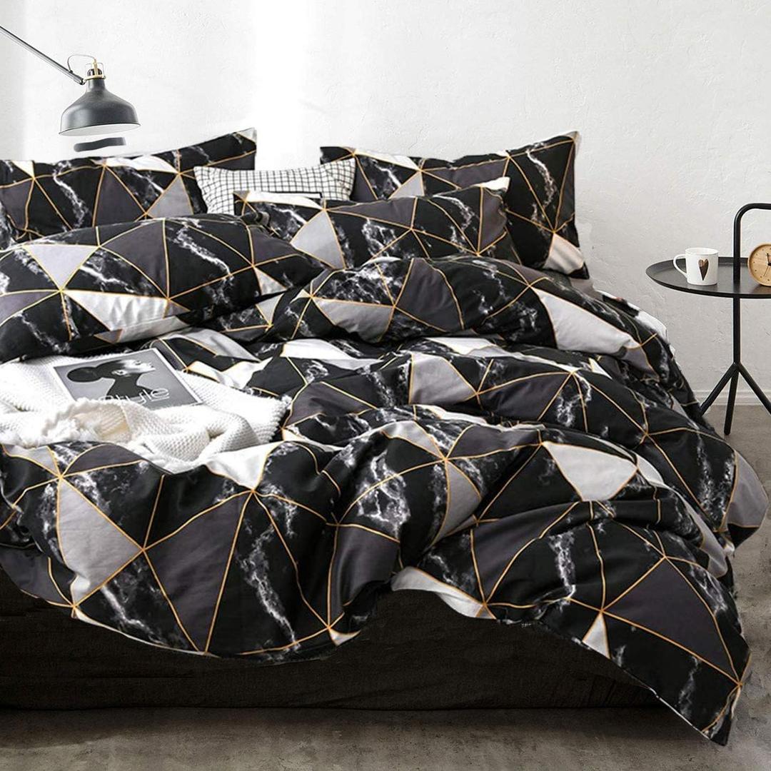 Cottonight Black Queen Comforter Set Geometric Black Marble Bedding Comforter Set Full Plaid Cotton Modern Lightweight Black White with Gold Lines Comforter for Women Men