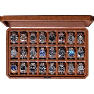ROTHWELL 24 Slot Watch Case with Lock Luxury Watch Box to Display and Organize Your Collection | Real Glass Top | Premium Storage for Collectors (Tan/Brown)
