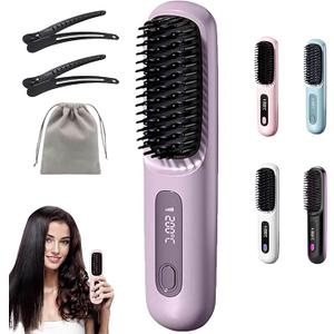Cordless Hair Straightener Brush, Mini Ionic Straightener Brush, Portable 140℃-200℃, 3 Temperature Settings, with LED Display, Great for Travel and Daily Use (Purple)