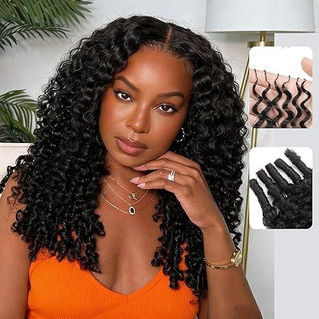 KZZIZ Burmese Curly Feather Crochet Human Hair Bundles Human Crochet Hair Pre Looped 100 Strands PreSeparated Reusable Invisible 100% Virgin Human Hair Crochet Extensions 16 Inch 120g Natural Black