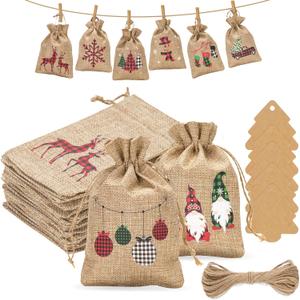 G2PLUS Christmas Drawstring Burlap Gift Bags - 24 Pack Christmas Advent Calendar Bags, 8 Designs 4x6 inches Buffalo Plaid Goody Treat Bag with Xmas Tree Tags for Xmas Holiday Party Favors