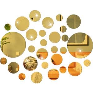 DIY Wall Decals Acrylic Mirror Sticker Set 60 Pcs, Circle Mirror Wall Stickers for Living Room Bedroom Decor, Gold 