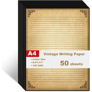 Vintage Lined Paper with Antique Border Design, 50 Sheets, Stationary Paper for Writing Letters, 100gsm, 11 x 8.5'', Aged Stationery for Writing Letters, Invitations, Stationery Writing Papers