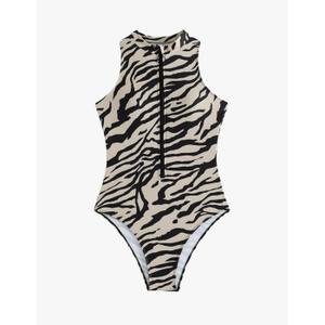 Floerns Women's Zebra Print Sleeveless One Piece Rash Guard High Neck Zipper Surfing Swimsuit S
