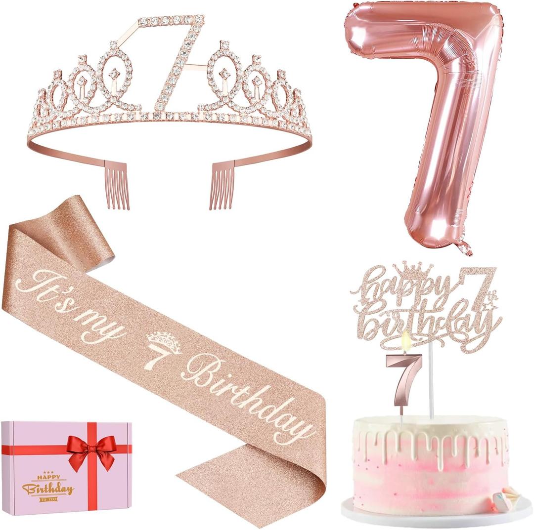 7th Birthday Decorations for Girls, Including 7th Birthday Sash and Tiara, Cake Topper and Candle, Number Balloon, 7 Year Old Girl Gifts