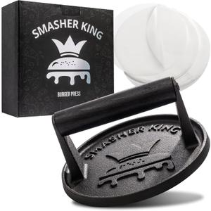 SMASHER KING - Premium Cast Iron Smash Burger Press incl. 25 pcs of Patty Paper, Burger Smasher for Griddle with Black Wood Handle, Perfect Hamburger Press