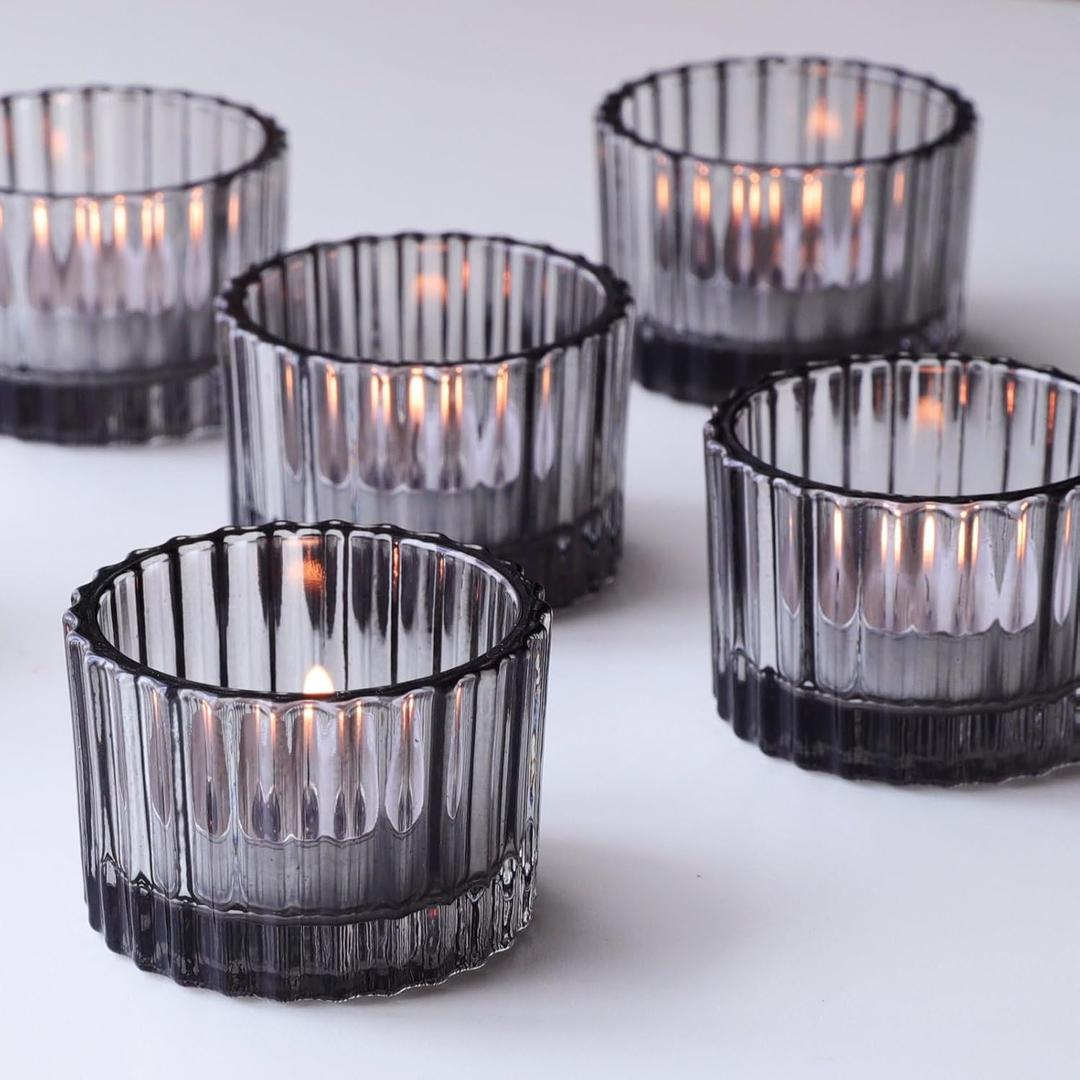 VOHO 24pcs Smokey Grey Tealight Candle Holder for Neutral Room Decor, Ribbed Votive Candle Holders for Table Centerpiece, Glass Tea Light Candle Holders Decoration for Coffee Table, Formal Anniversary