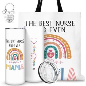 SiliFine Nurse Mother's Day Gifts Set Include Nurse Mom Canvas Tote Bag 20 oz Mama Stainless Steel Tumbler Appreciation Keychain Birthday Gifts from Daughter Son for Women